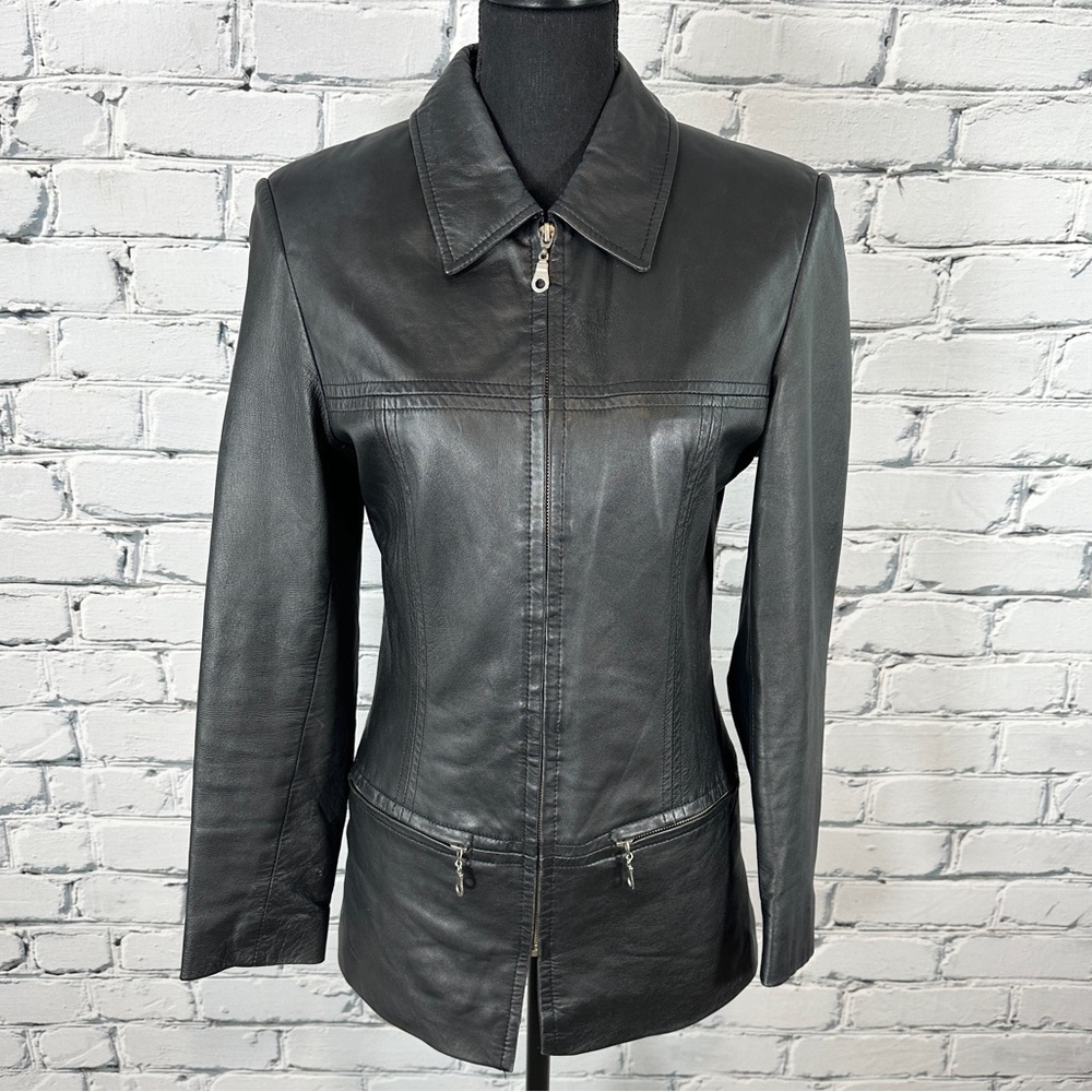 Vtg Italian Leather Moto Jacket Valentino Styled Italy Black Zip Up Y2k 90s
